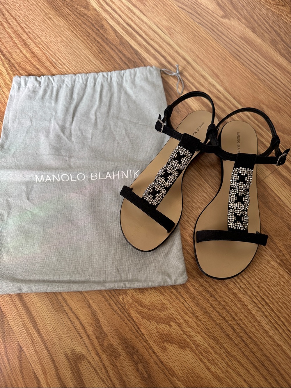 Manolo Blahnik Black Suede T-Strap Sandals with Crystal Embellishment